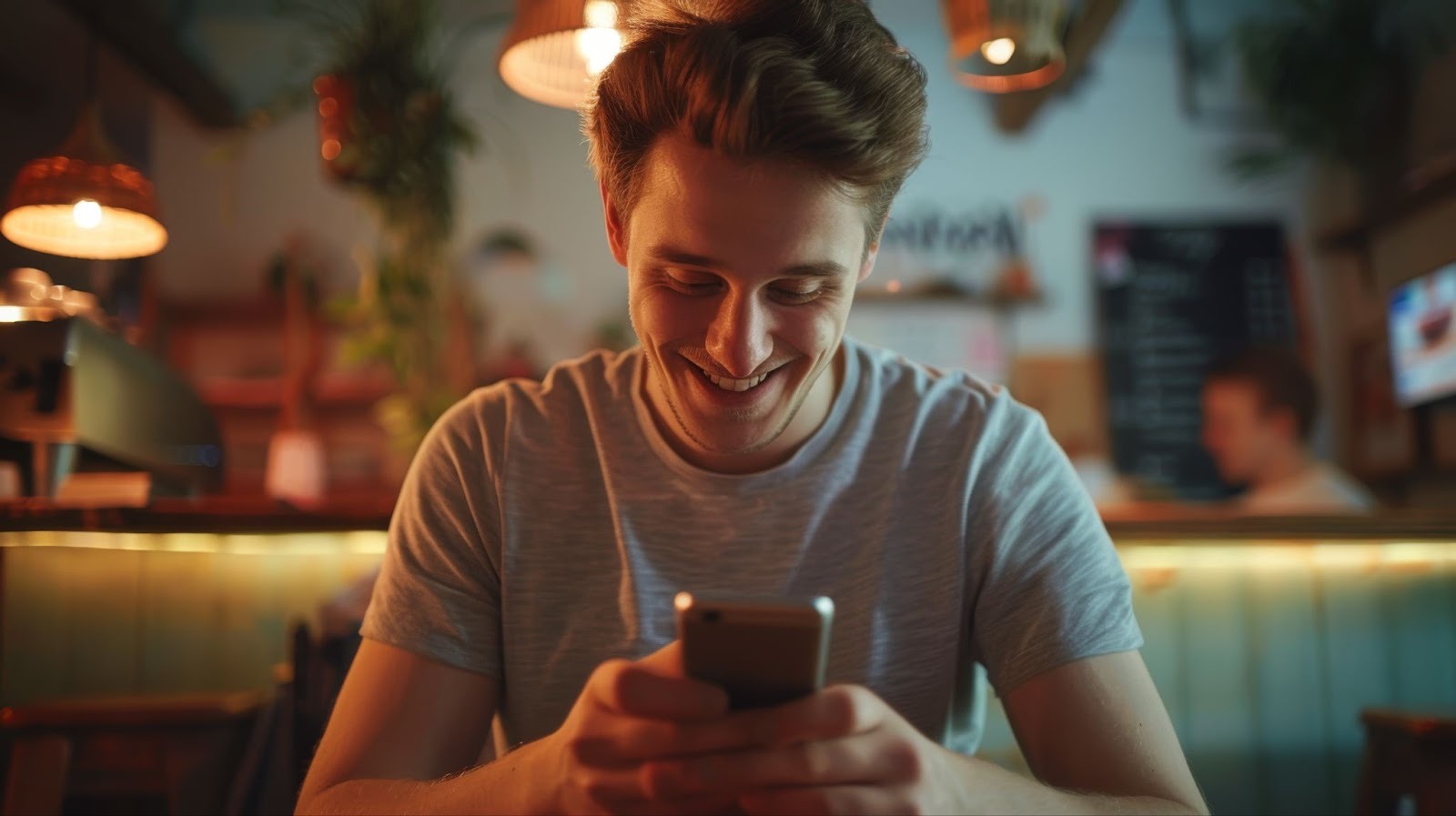 Молодой человек пишет сообщение девушке с игривым выражением лица