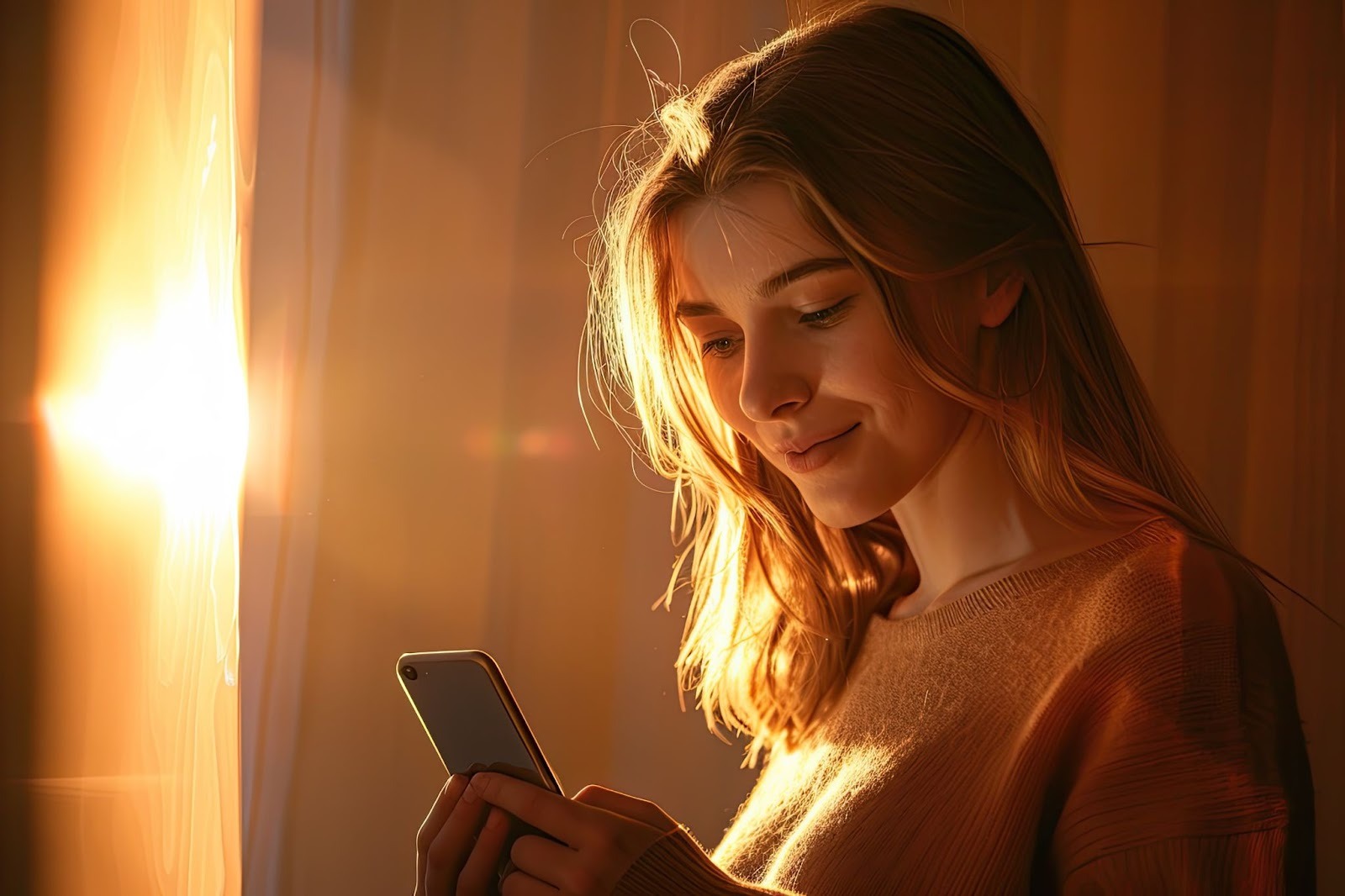 Девушка читает интимное сообщение на телефоне и улыбается