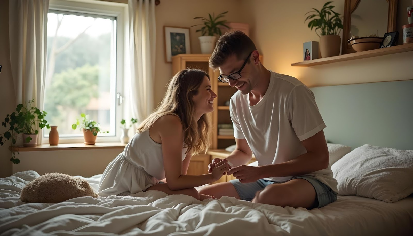 Девушка и парень смеются вместе в постели
