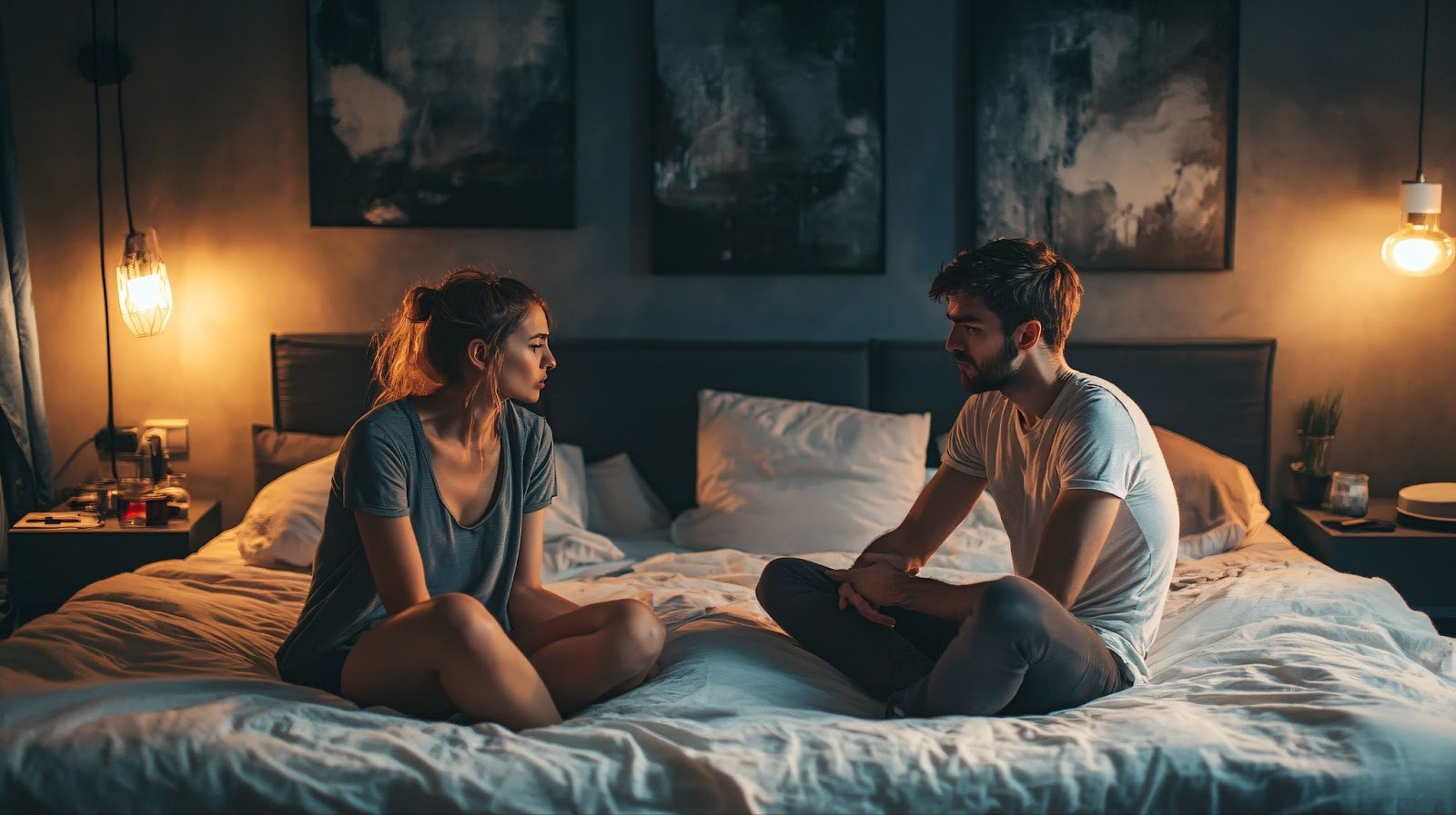 Девушка и парень говорят вместе в постели
