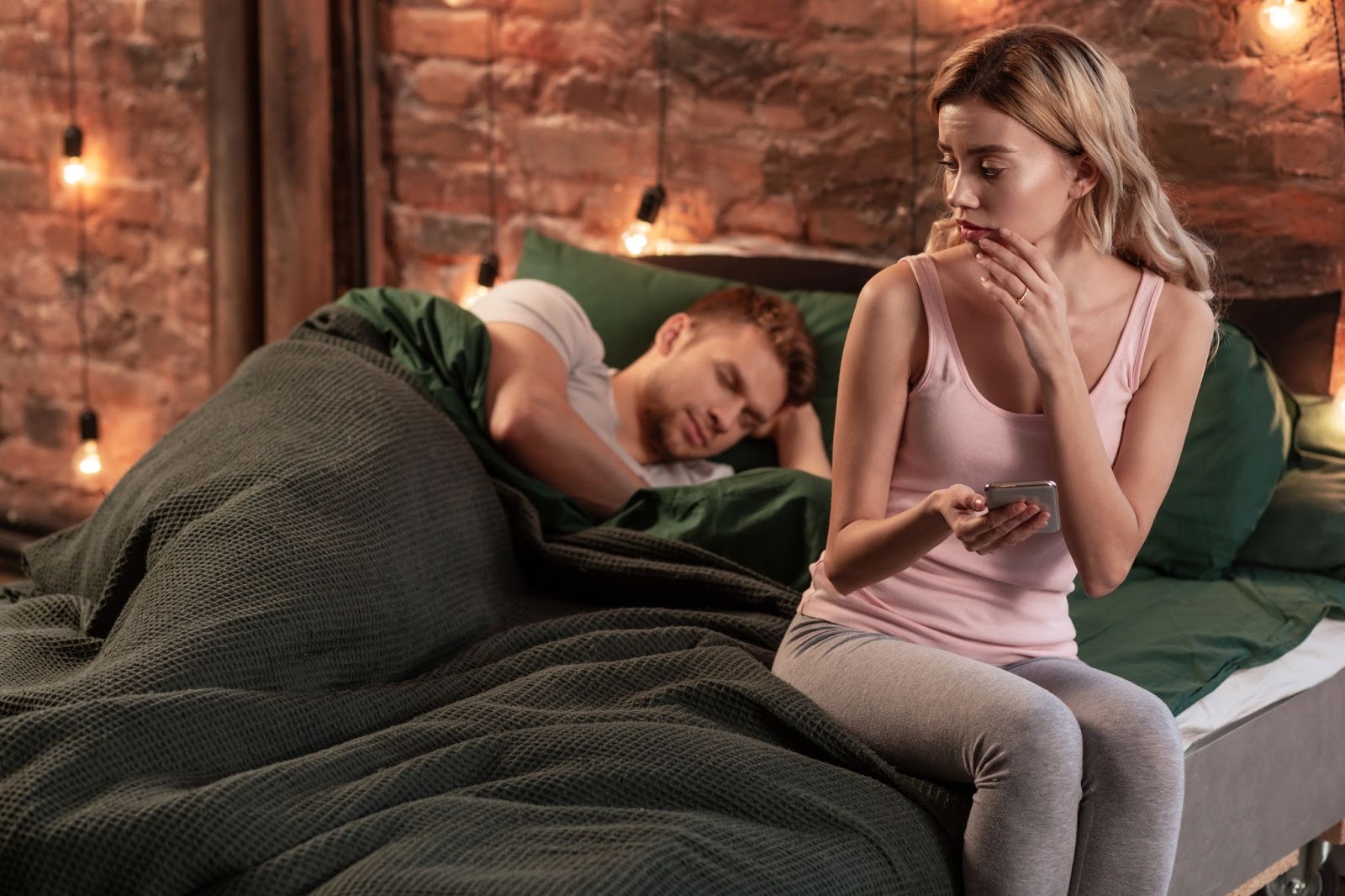 Молодая женщина улыбается своему партнёру в спальне
