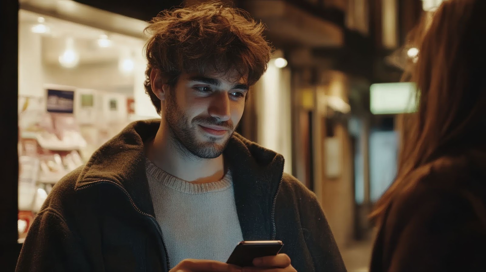 Молодой человек изучает расшифровку аббревиатур FWB ONS DTF в дейтинг-приложении