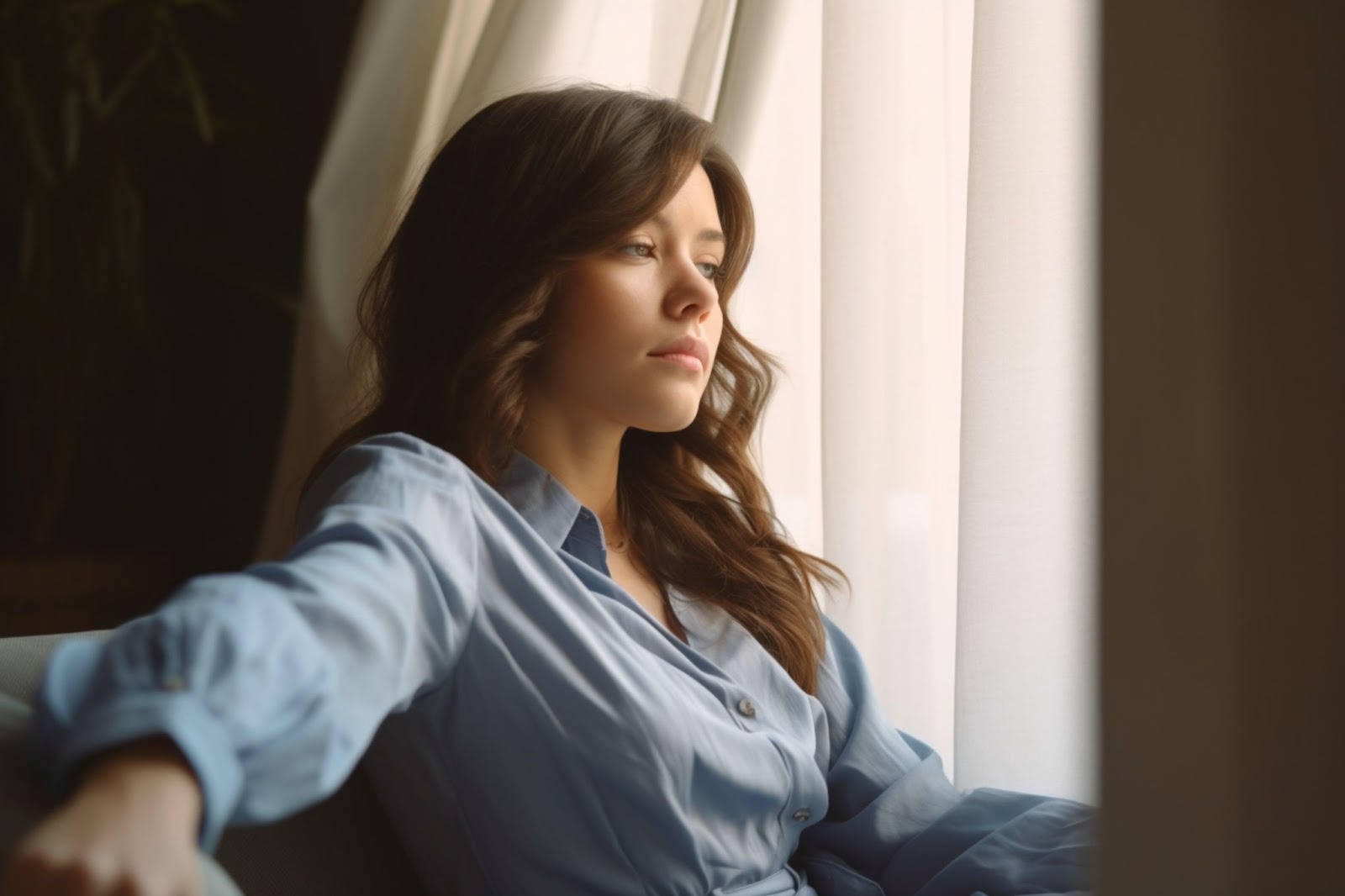 Женщина переживает развод в одиночестве дома на диване