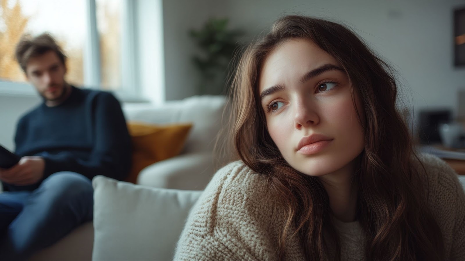 Девушка обнимает себя от страха серьёзных отношений
