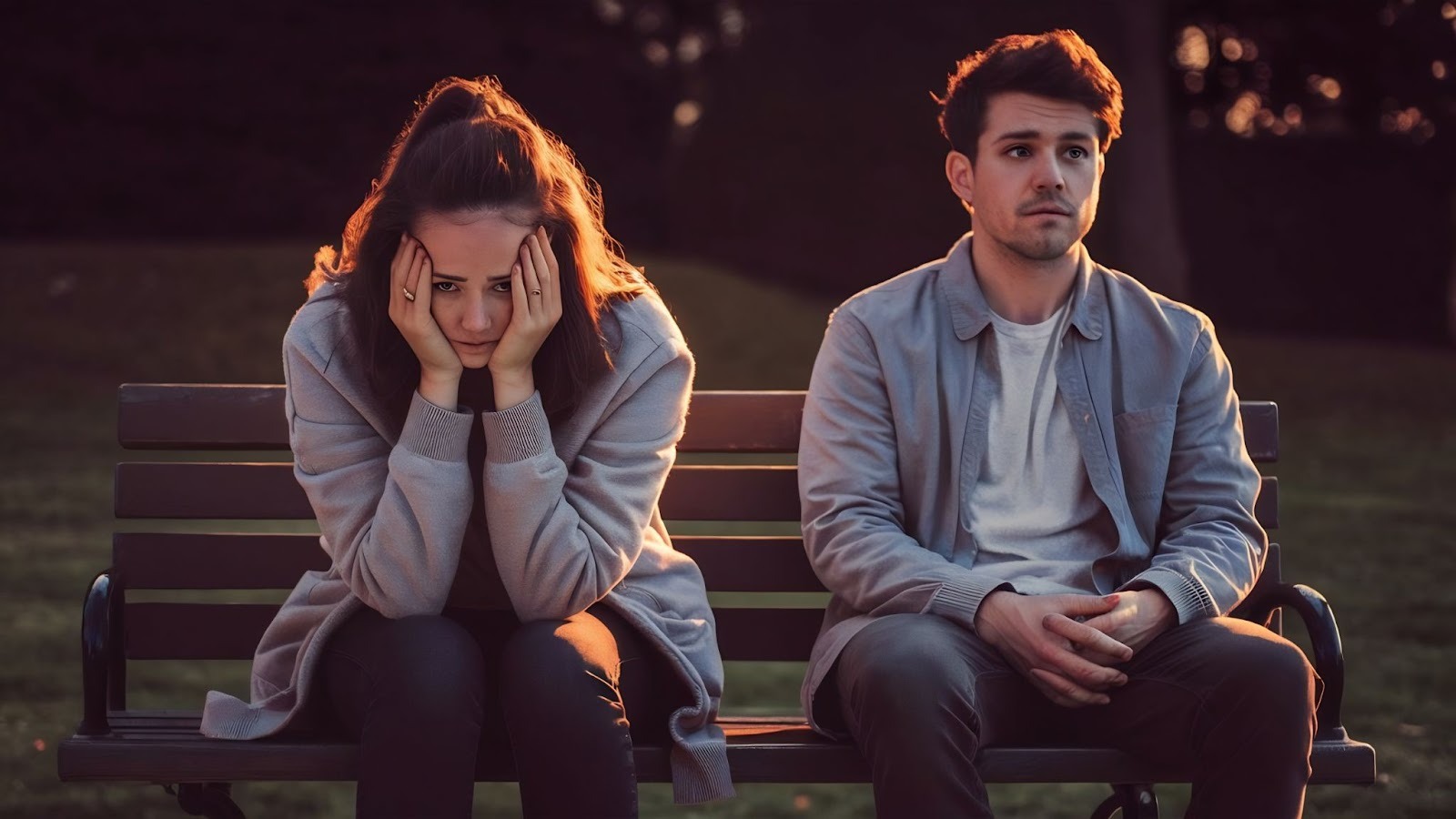 Грустная пара сидит на скамейке во время расставания в парке
